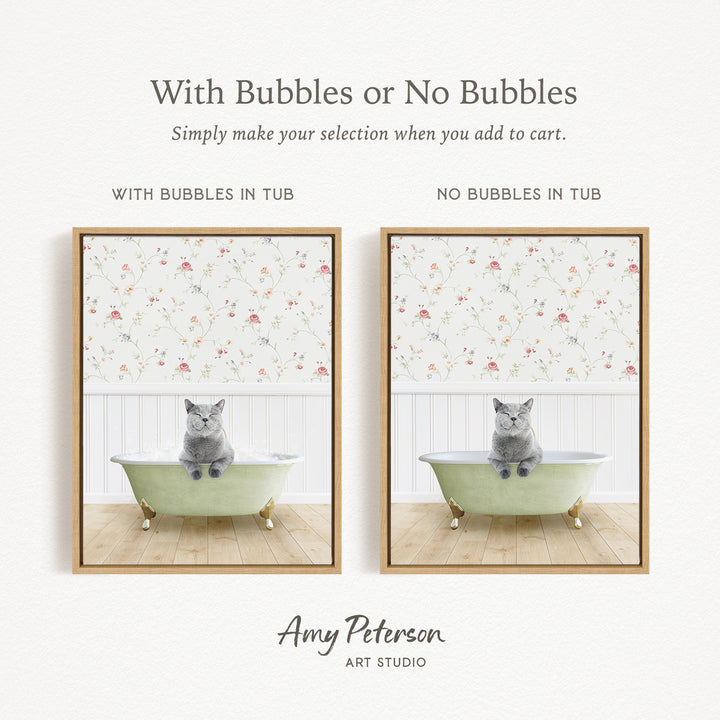The image is a collage of two pictures, each featuring a cat sitting in a bathtub. The cat appears to be enjoying a relaxing bath, with bubbles floating around it. The text above the images reads "With Bubbles or No Bubbles" and below the images, it says "Simply make your selection when you add to cart."