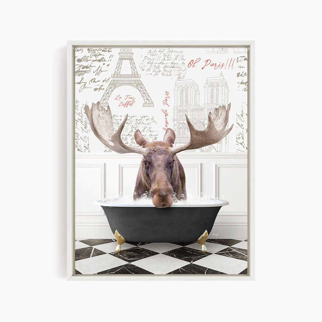 A moose is sitting in a bathtub filled with water, surrounded by a Paris-themed background with the Eiffel Tower and other Parisian landmarks.