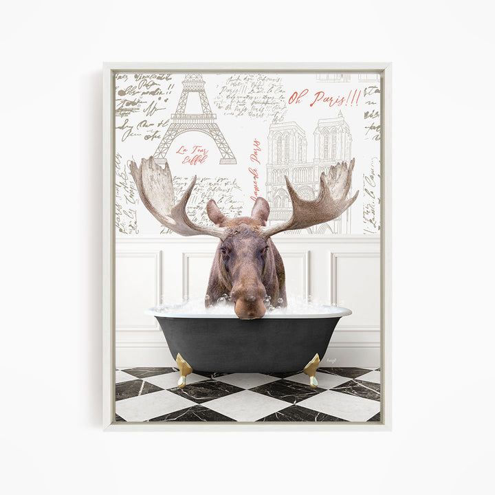 A moose is sitting in a bathtub filled with water, surrounded by a Paris-themed background with the Eiffel Tower and other Parisian landmarks.