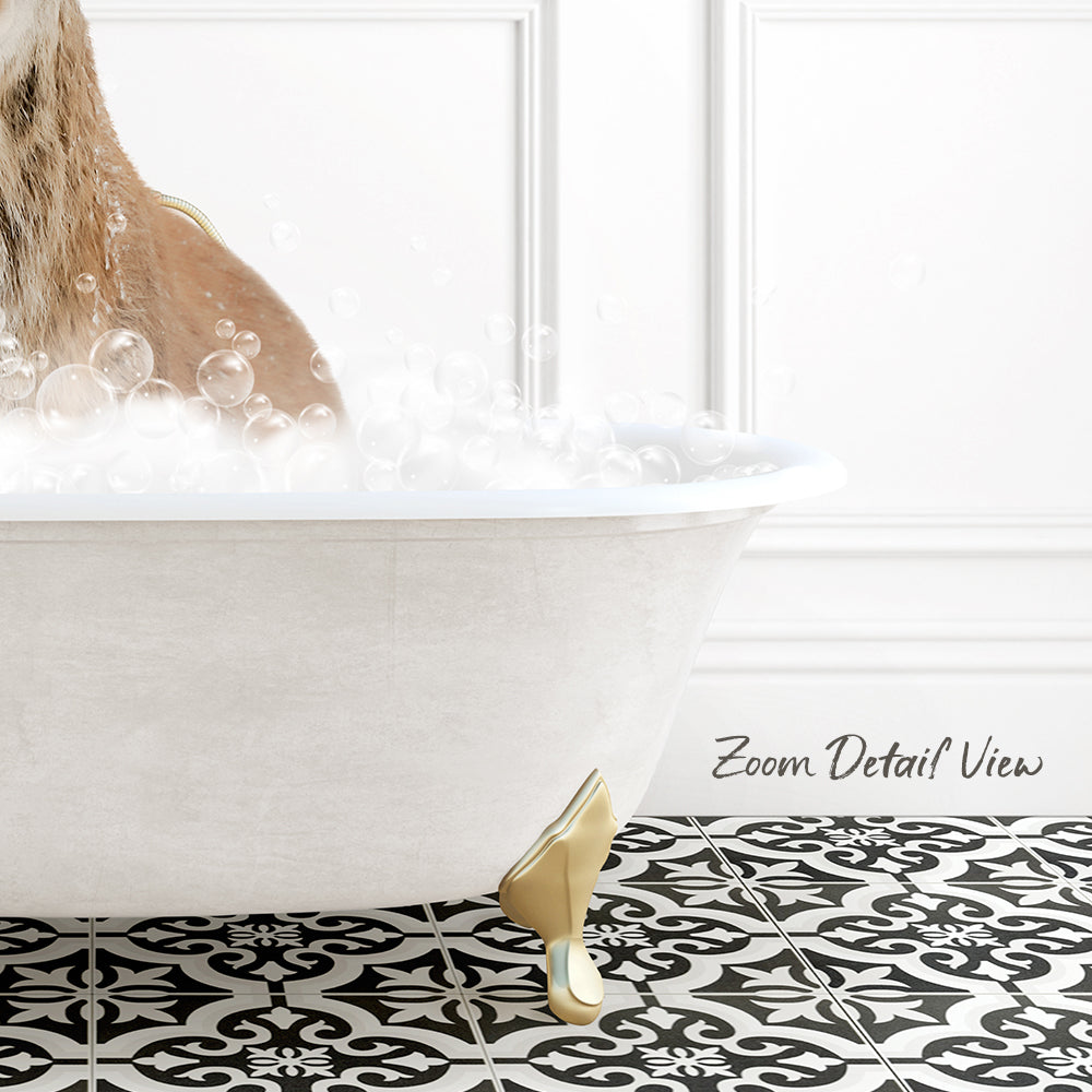 A dog is sitting in a bathtub filled with bubbles, surrounded by a black and white patterned floor.