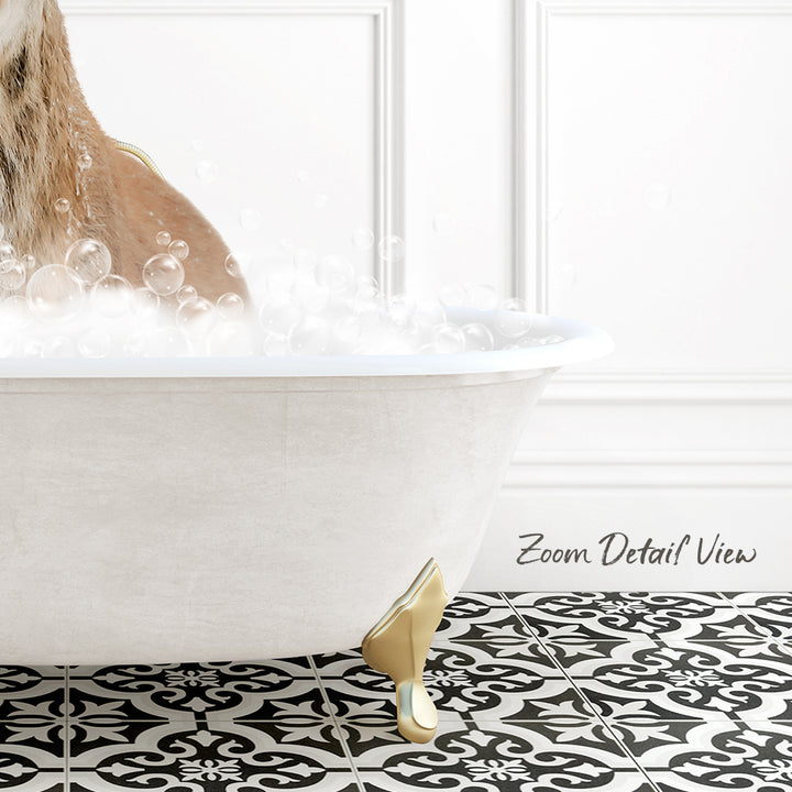 A dog is sitting in a bathtub filled with bubbles, surrounded by a black and white patterned floor.