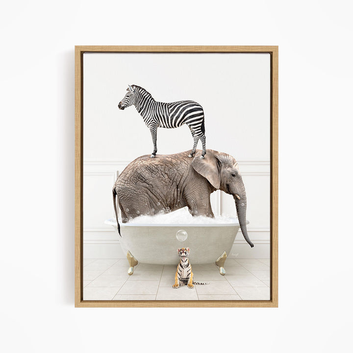 A zebra stands on the back of an elephant, which is submerged in a bathtub, with a tiger sitting nearby.