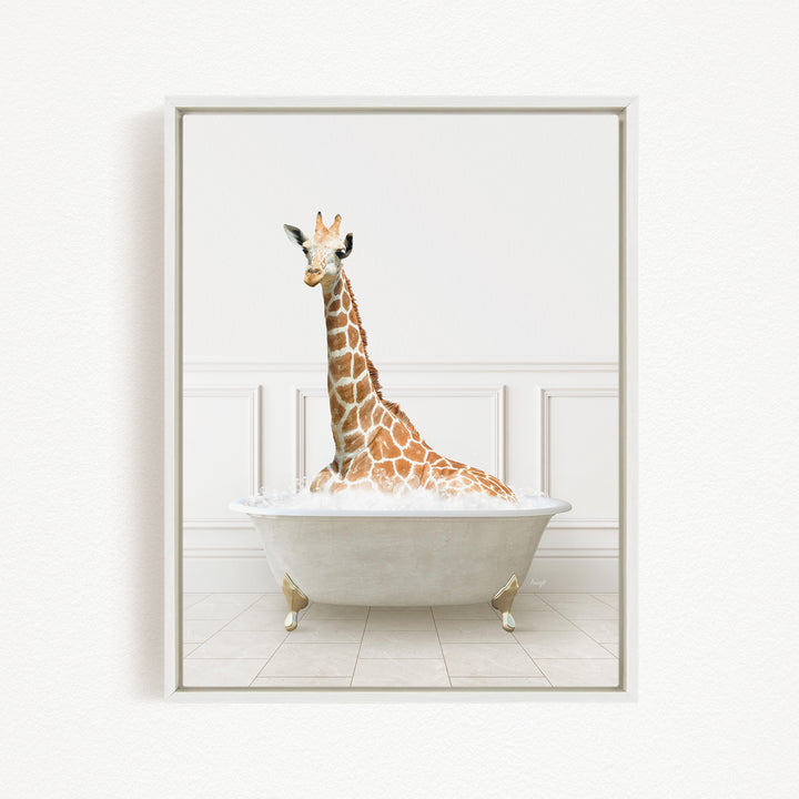 A giraffe sitting in a white bathtub filled with water, creating a whimsical and playful scene.