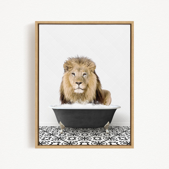 A majestic lion sits in a black bathtub filled with bubbles, creating a whimsical and amusing scene.