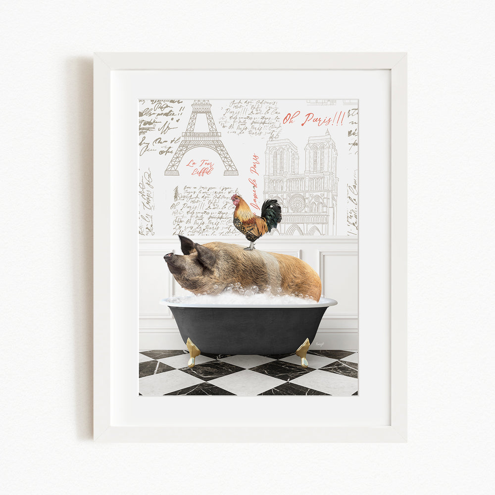 A framed image depicting a pig sitting in a bathtub, with a rooster perched on its back, against a backdrop of the Eiffel Tower and other Parisian architecture.