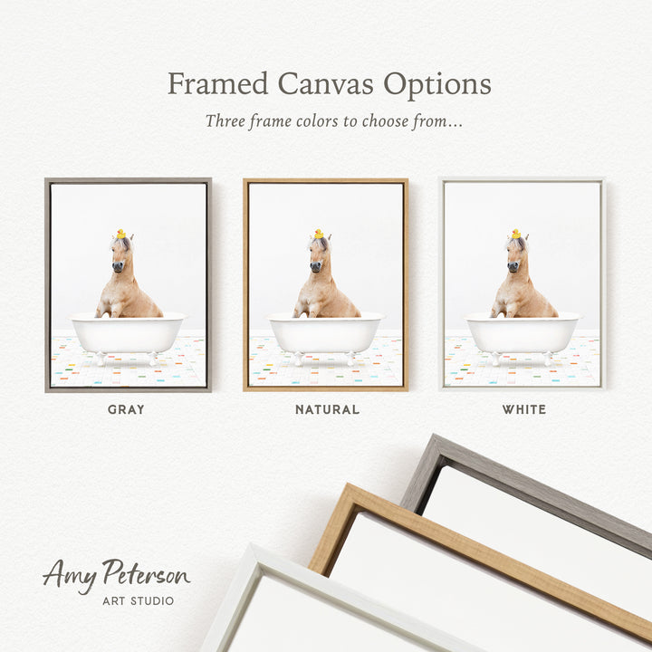 three framed canvas options, each featuring a brown horse sitting in a bathtub with a yellow hat on its head. The options include a gray, a natural, and a white frame.