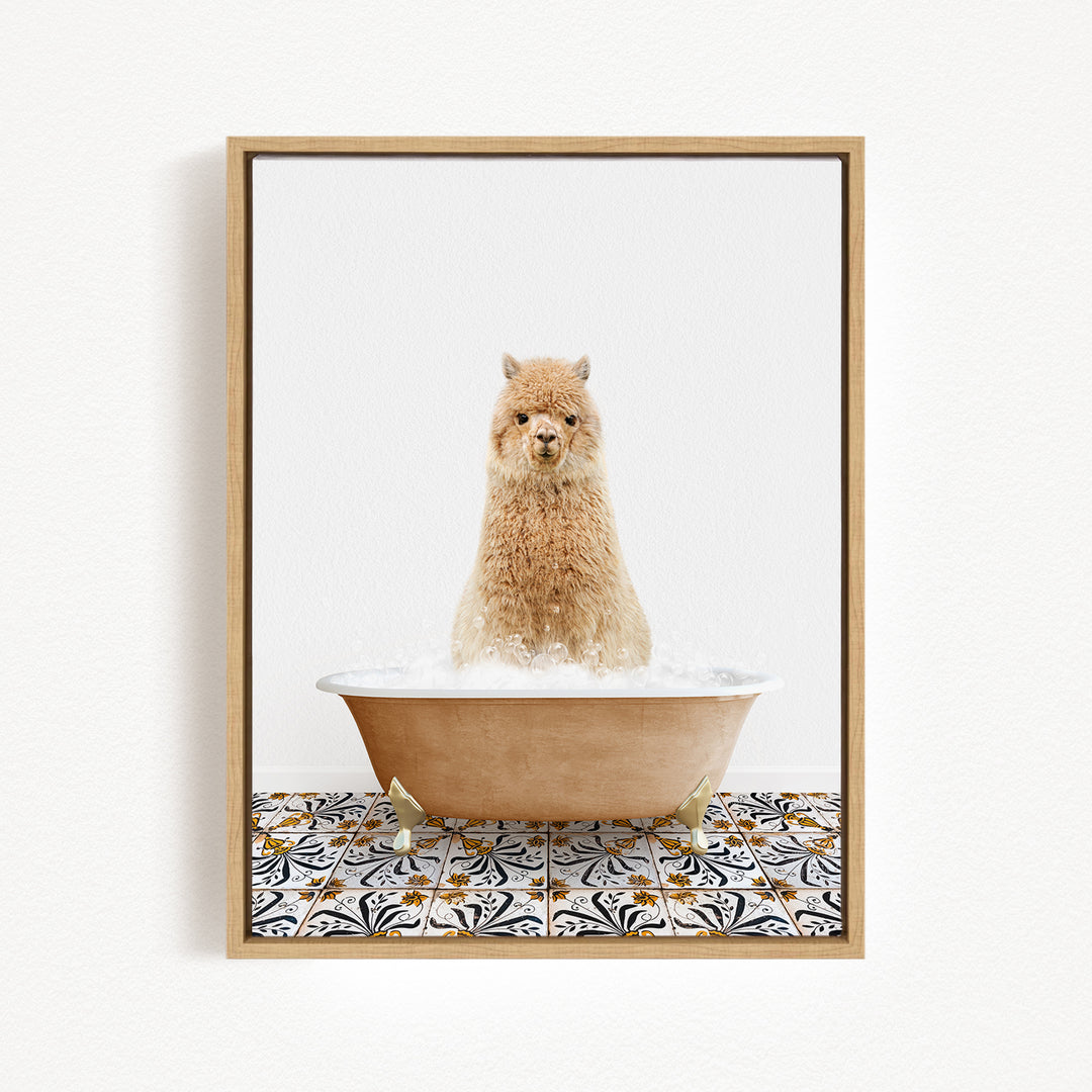 A fluffy alpaca sitting in a bathtub filled with bubbles, surrounded by a patterned tile floor.