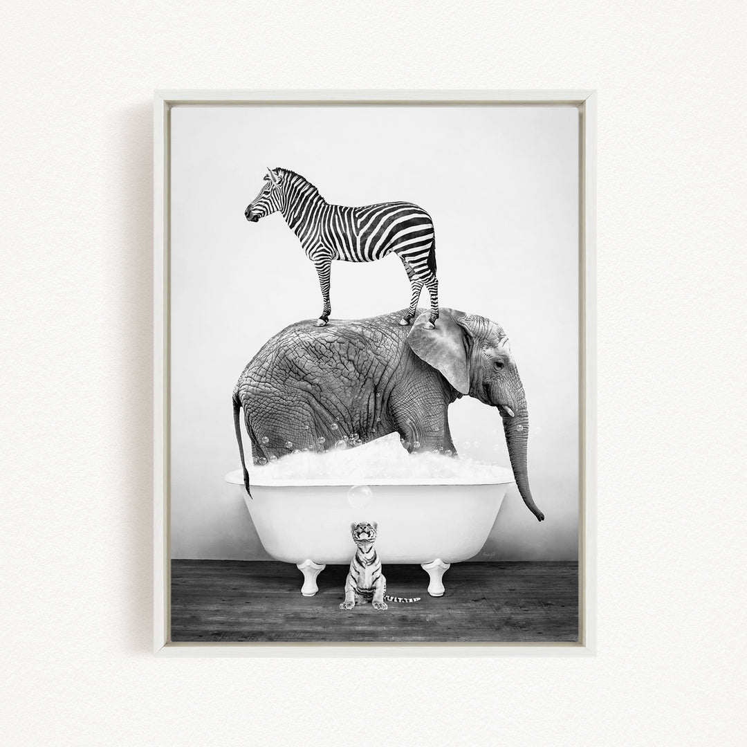 A zebra stands on the back of an elephant, which is submerged in a bathtub, creating a whimsical and surreal scene.