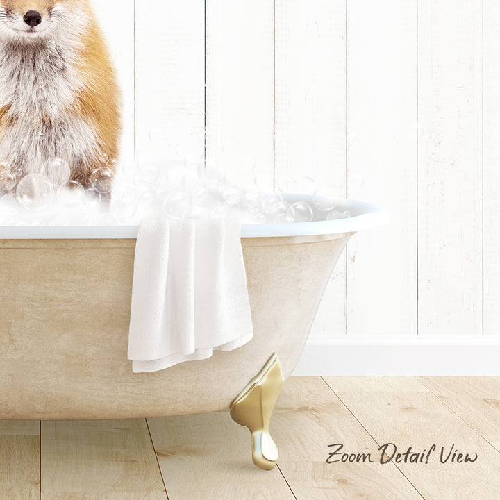 A dog is sitting in a bathtub filled with bubbles, with a towel and bathtub faucet visible.