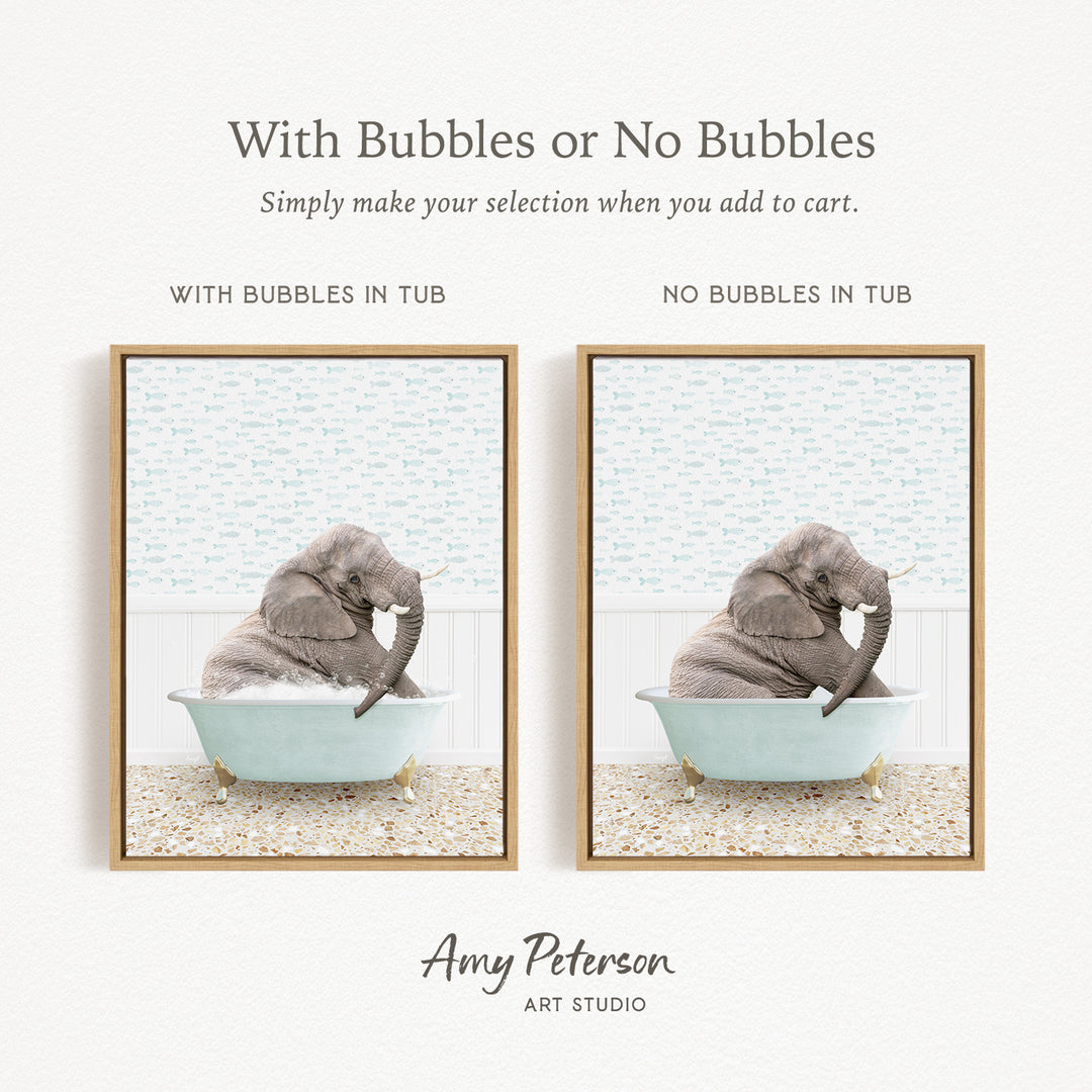 The image is a collage of two pictures, each featuring an elephant sitting in a bathtub. The text above the images reads "With Bubbles or No Bubbles" and below the images, it says "Simply make your selection when you add to cart."