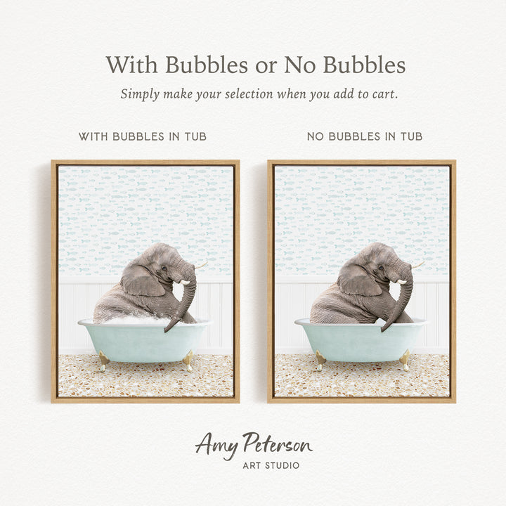 The image is a collage of two pictures, each featuring an elephant sitting in a bathtub. The text above the images reads "With Bubbles or No Bubbles" and below the images, it says "Simply make your selection when you add to cart."