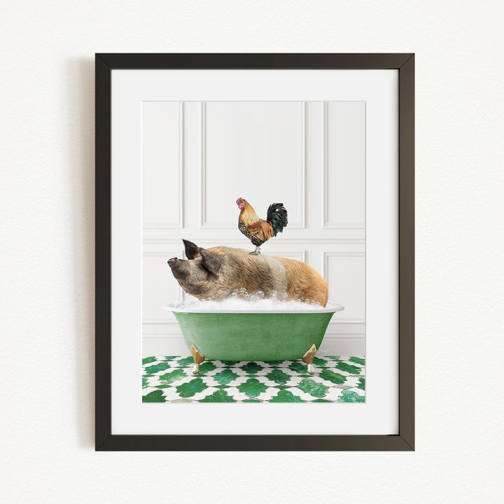 A rooster stands on a pig's back while the pig is sitting in a green bathtub, both on a green and white patterned rug.