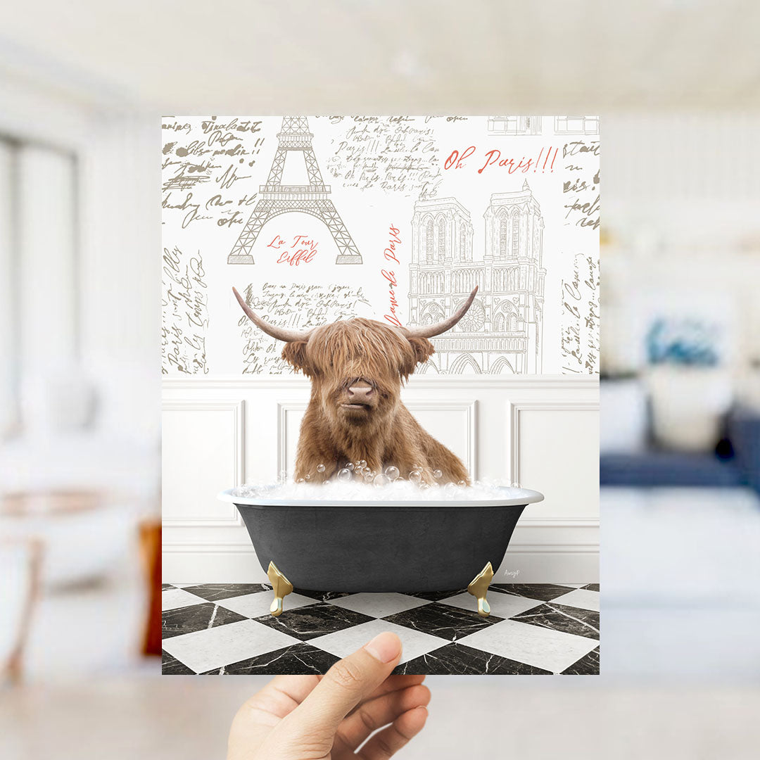 A brown cow with horns is sitting in a bathtub filled with water, surrounded by various Paris-themed elements such as the Eiffel Tower and other landmarks.