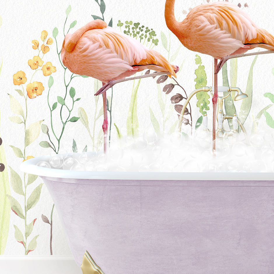 two pink flamingos are standing in a bathtub