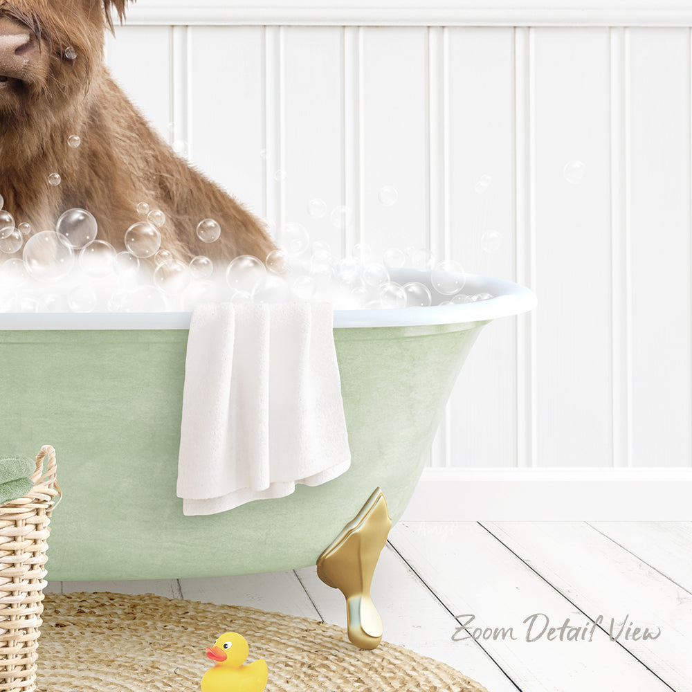 A dog is sitting in a green bathtub filled with bubbles, surrounded by a yellow rubber duck and a white towel.