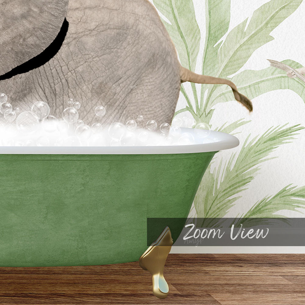 A green bathtub filled with bubbles, with a large elephant partially submerged in the water. The elephant's tail is visible above the water. The image is a collage of multiple images, and the text "Zoom View" is present.