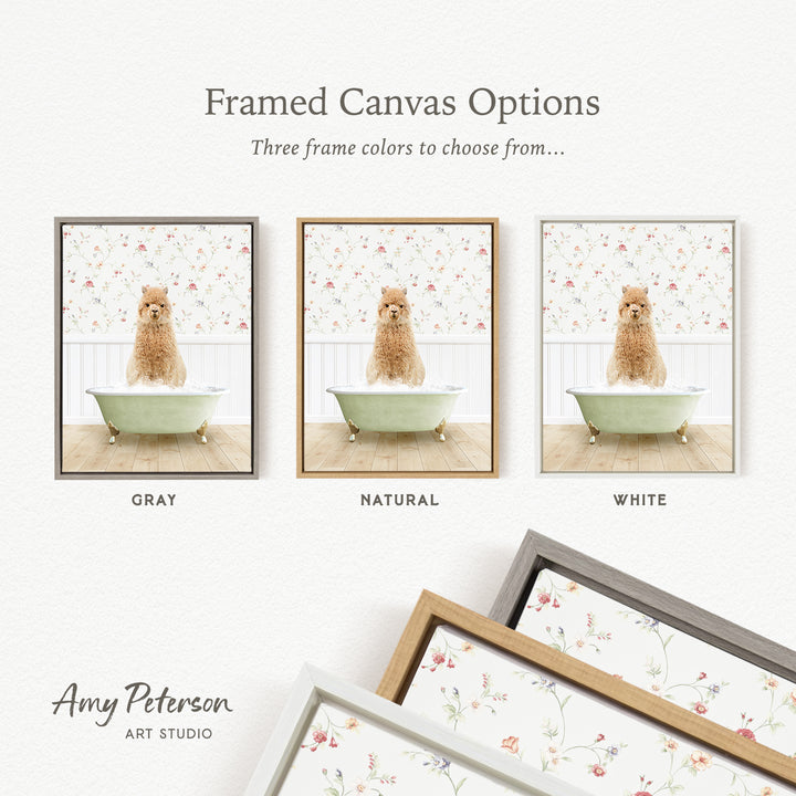 The image is a framed canvas option showcasing three different framed canvas options for a picture of a dog sitting in a bathtub.