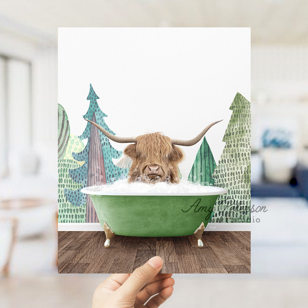 a hand holding up a card with a picture of a bull in a bathtub