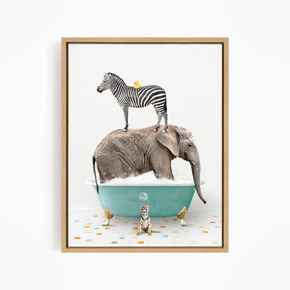 A zebra stands on the back of an elephant, which is submerged in a bathtub, with a small tiger sitting nearby.