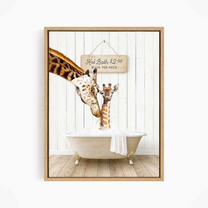 A giraffe and a baby giraffe are sitting in a bathtub, with a sign above them that reads "Hot Bath $2.00 Wash neck".