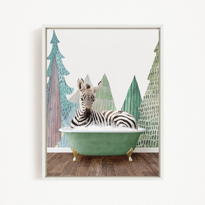 A zebra is sitting in a green bathtub, surrounded by a forest-themed background with trees and a snowy landscape.