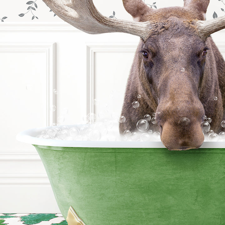 a moose is taking a bath in a green bowl