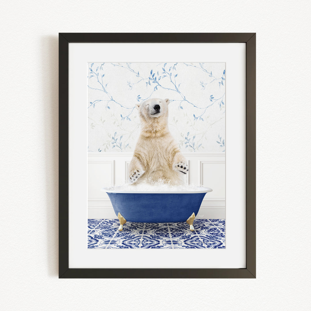 A polar bear standing in a blue bathtub filled with water, surrounded by a patterned tile floor.
