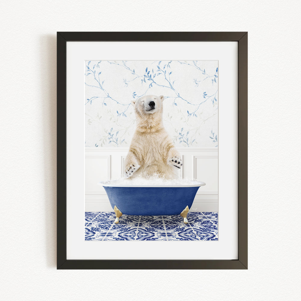A polar bear standing in a blue bathtub filled with water, surrounded by a patterned tile floor.