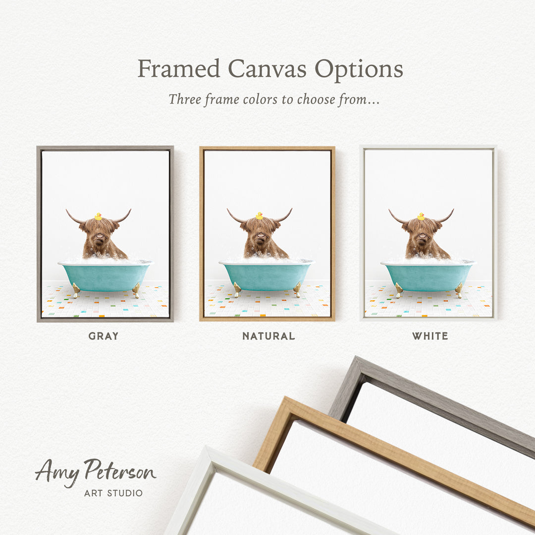 three framed canvas options featuring a brown cow sitting in a bathtub, with each option having a different frame color.