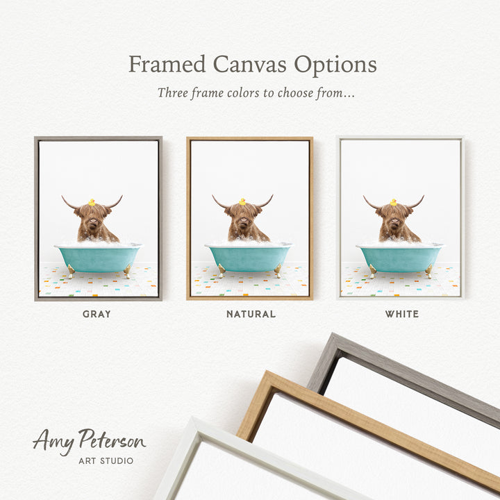 three framed canvas options featuring a brown cow sitting in a bathtub, with each option having a different frame color.