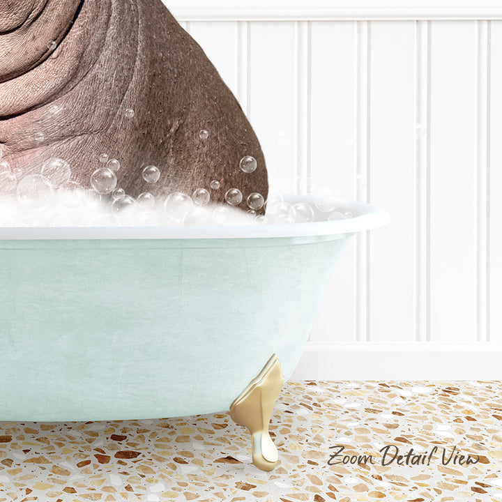 A bathtub filled with bubbles, with a gold-colored bathtub leg visible, and a text overlay that reads "Zoom Detail View".