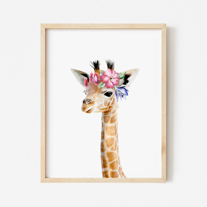 a picture of a giraffe with flowers on its head