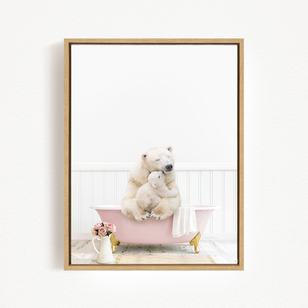 A polar bear sits in a pink bathtub, with a baby polar bear nestled beside it, in a serene and whimsical scene.