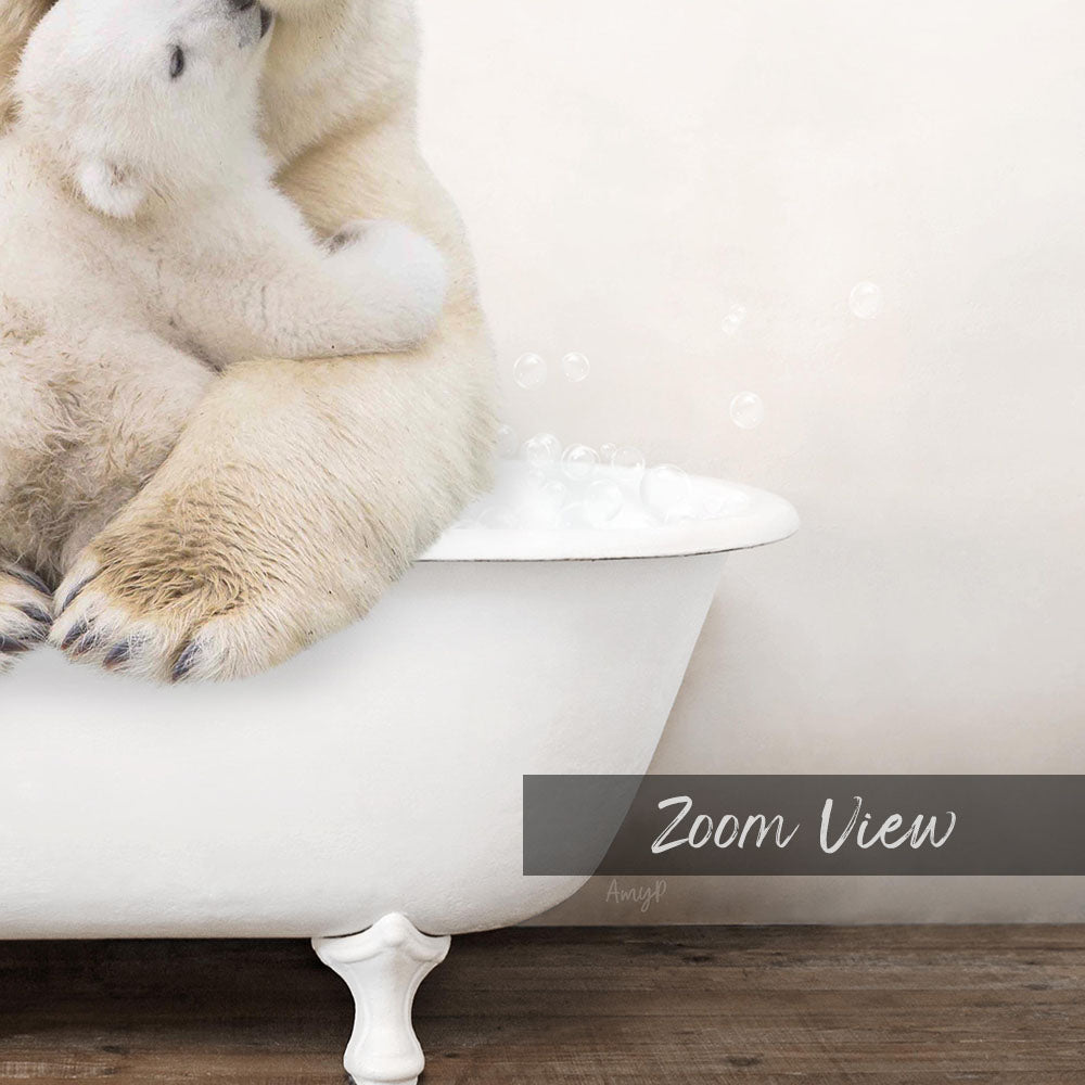A polar bear sitting in a bathtub, surrounded by bubbles, with the text "Zoom View" below the image.