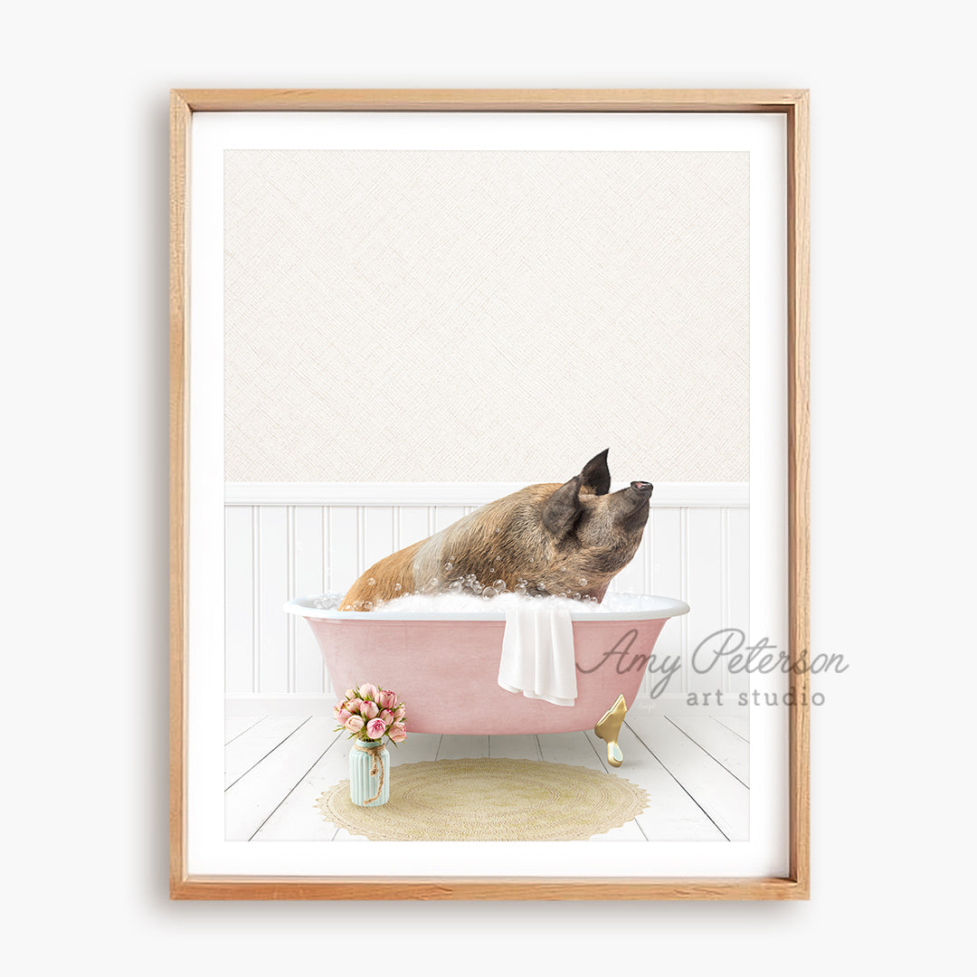 a dog taking a bath in a pink bathtub