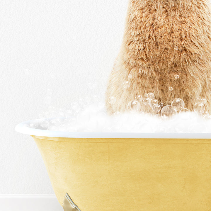 a brown bear sitting in a bathtub filled with bubbles