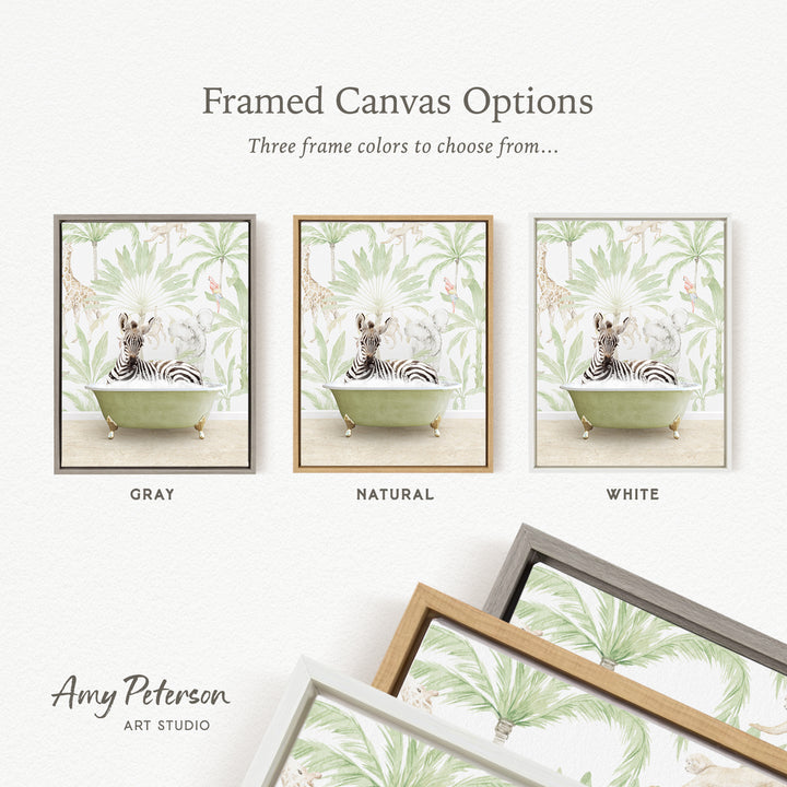three framed canvas options featuring a zebra sitting in a bathtub, each with a different frame color: gray, natural, and white.
