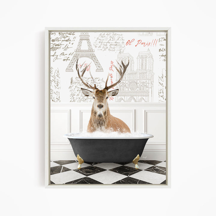 A deer with antlers is sitting in a bathtub filled with water, surrounded by a wall with various inscriptions and illustrations.