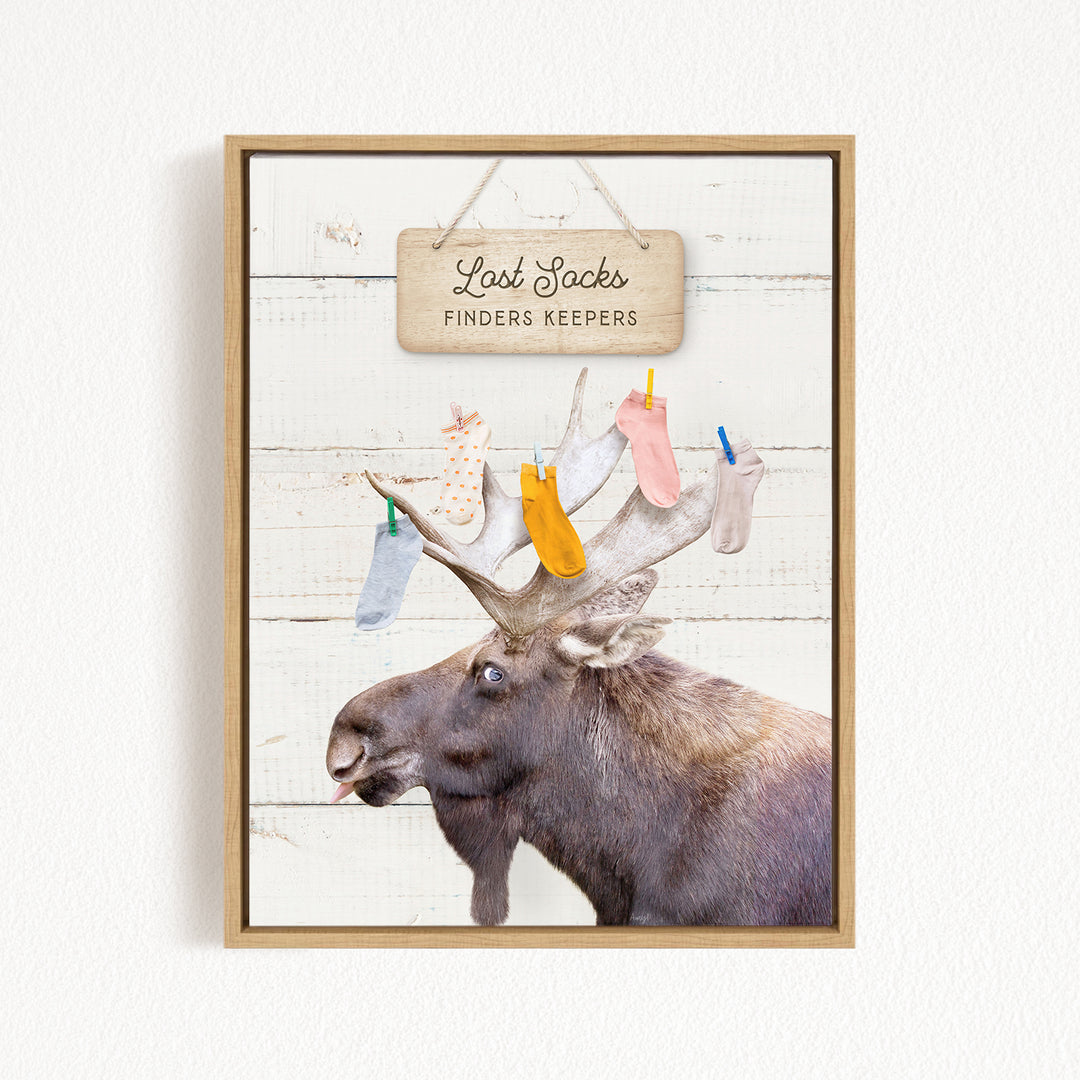 A framed image of a moose with a sign above it that says "Lost Socks Finders Keepers".