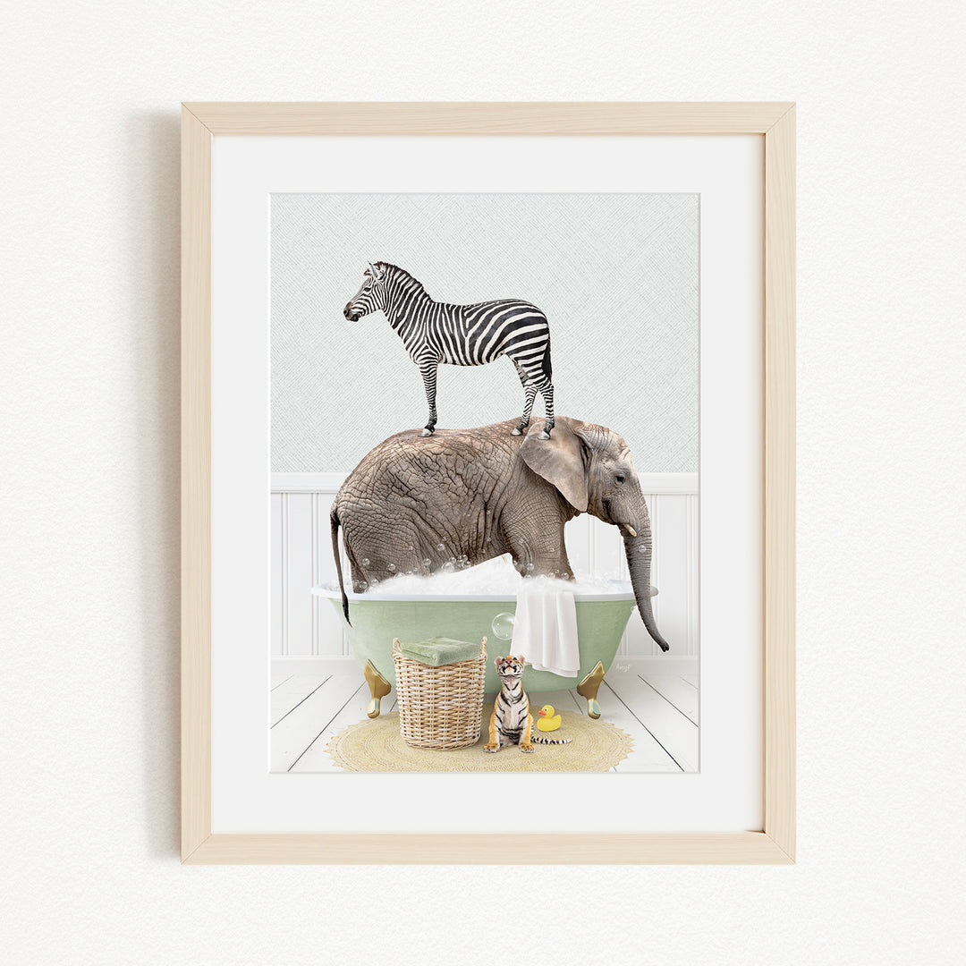 A zebra stands on the back of an elephant, which is sitting in a bathtub, with a dog nearby.