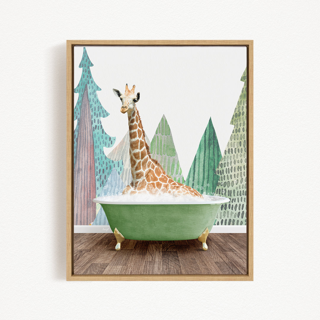 A giraffe is sitting in a green bathtub, surrounded by trees and a forest-like background.