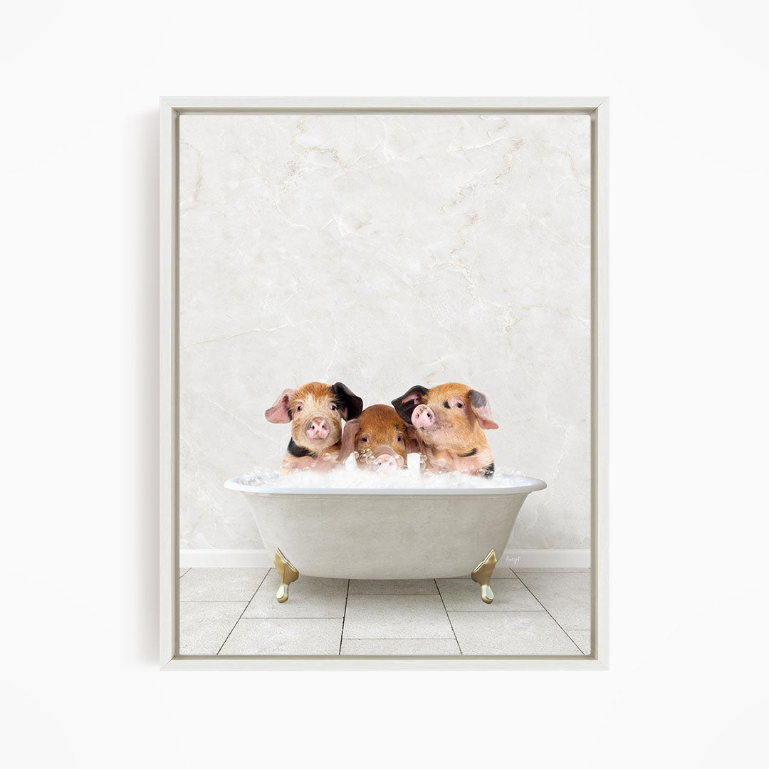 Three adorable pigs sitting in a white bathtub, enjoying a relaxing bath.