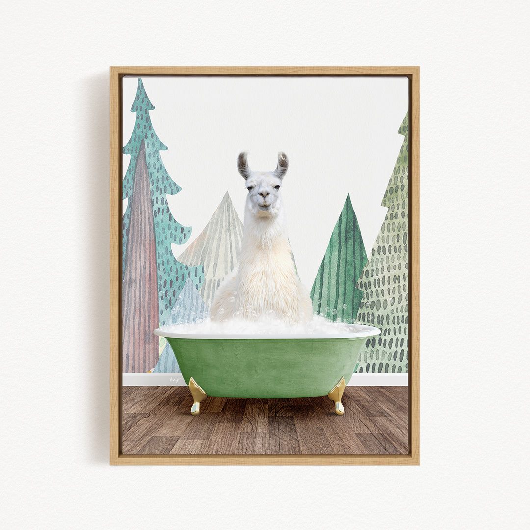 A white llama sitting in a green bathtub filled with bubbles, surrounded by stylized trees in the background.