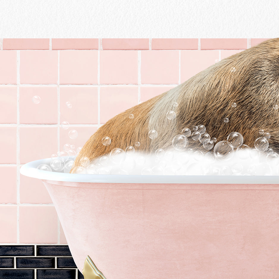 a dog taking a bath in a pink bathtub