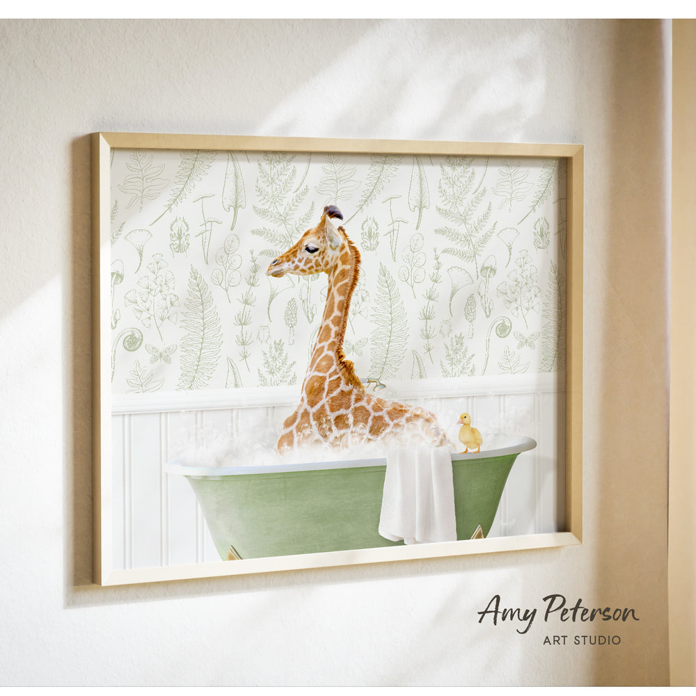 A giraffe sitting in a green bathtub, with a yellow duck nearby, against a backdrop of green leaves and flowers.
