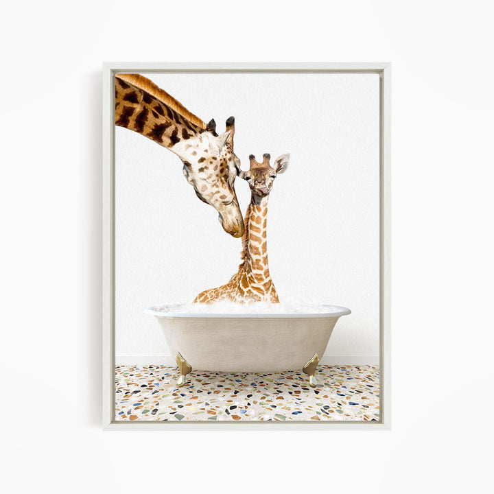 A mother giraffe and her baby giraffe are sitting together in a white bathtub filled with water, creating a heartwarming scene.