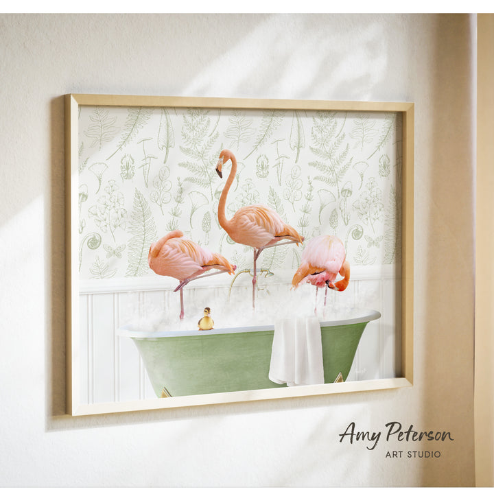 A framed print of a pink flamingo standing in a green bathtub, with a yellow rubber duck floating in the water.