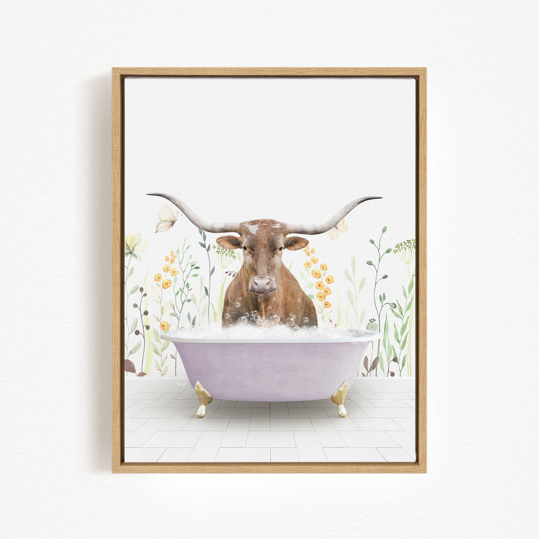 A brown bull with large horns is sitting in a purple bathtub filled with water, surrounded by flowers and plants.