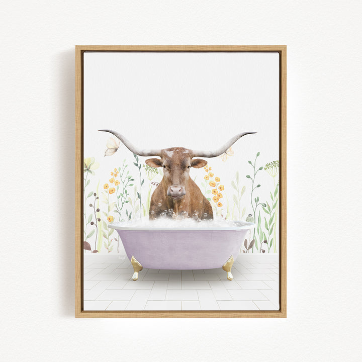 A brown bull with large horns is sitting in a purple bathtub filled with water, surrounded by flowers and plants.