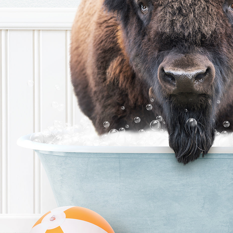 a large buffalo standing in a bath tub